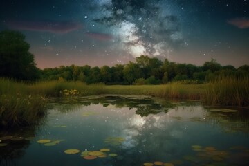 Wall Mural - Magical stars over lake. Generate Ai