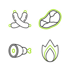 Poster - Set line Fire flame, Chicken leg, Steak meat and Crossed sausage icon. Vector