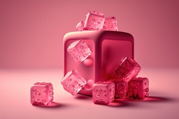 Poster - Glazed pink background with frozen raspberry chunks. Generative AI