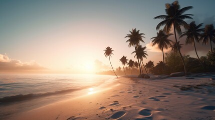 Wall Mural - beautiful sunset on the ocean shore with palm trees. rest on the island.