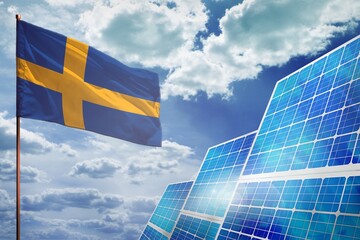 Wall Mural - Sweden solar energy, alternative energy industrial concept with flag industrial illustration - fight with global climate changing, 3D illustration