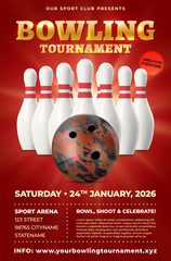 Wall Mural - Poster template with ball and pins for bowling tournament