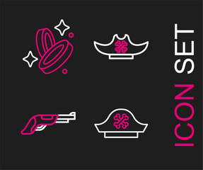 Sticker - Set line Pirate hat, Vintage pistol, and coin icon. Vector