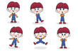 Young smart boy character with different facial expression and hand poses.