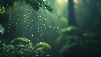 Wall Mural - Direct sunshine illuminates a lush woodland amid the rain. Generative AI