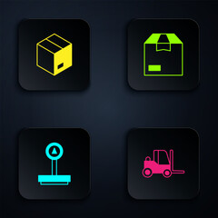 Canvas Print - Set Forklift truck, Carton cardboard box, Scale and . Black square button. Vector