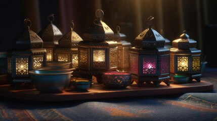 Wall Mural - Arabic lantern of ramadan celebration background. AI generated