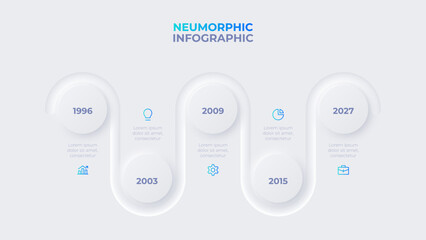 Neumorphic infographic timeline design template. Concept of development process with 5 options