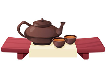 Traditional Japanese kettle or teapot with cups on wooden table, tea ceremony in cartoon style isolated on white background