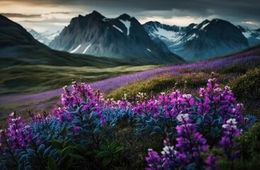 Wall Mural - Mountainous field with purple flowers. Generative AI