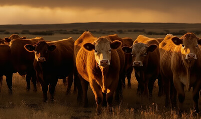 sunset photo of cattle in its natural habitat. Generative AI