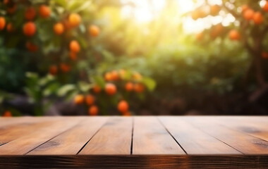 Wooden Table with Blurred Orange Garden Background, Product Display and Copy Space