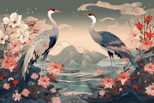 Cranes On The Background Of The Sea And Flowers, Oriental Japanese Background With Watercolor Texture In Vintage Style. Isolated On Background. Cartoon Flat Vector Illustration, Generative AI