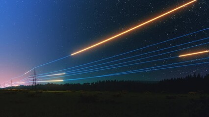 power transmission lines with 3d digital visualization of electricity. scenic moving timelapse foota