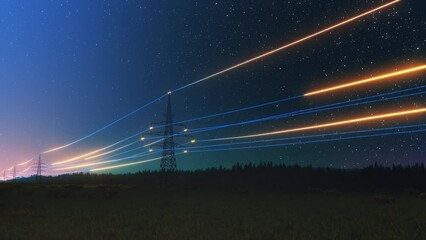 Wall Mural - overhead electricity transmission lines with 3d digital visualization of electricity. scenic static 