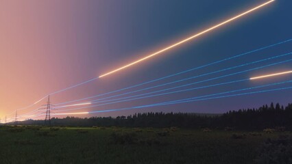 Wall Mural - electric power transmission towers during a beautiful sunset. timelapse footage with digital visuali