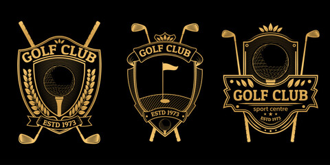 Golf club logo, icon or badge set. Vintage design with crossed golf sticks and ball on tee. Retro shield emblems. Sport tournament or championship labels. Vector illustration.