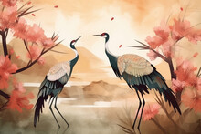 Cranes On The Background Of The Sea And Flowers, Oriental Japanese Background With Watercolor Texture In Vintage Style. Isolated On Background. Cartoon Flat Vector Illustration, Generative AI