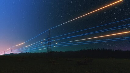 Wall Mural - starry night sky scenery with overhead electricity transmission lines with digital visualization of 