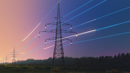 Wall Mural - electric power transmission towers during a beautiful sunrise. early morning footage with digital vi
