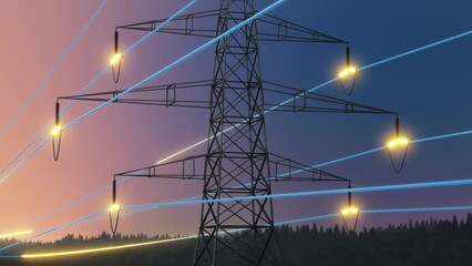 Wall Mural - electric power transmission tower during a beautiful sunset. digital visualization of electric grid.