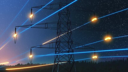Wall Mural - power transmission lines with 3d digital visualization of electricity. scenic animation with night s