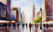 Pastel watercolor painting of the city, buildings, people, street, picturesque, illustration, painting, poster. AI generated.