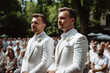 Portrait of a beautiful gay couple in white suits standing at the wedding ceremony. Sexual equality diversity, lgbt pride, equal marriage and same sex marriage concept. Generative AI