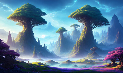 Wall Mural - enchanted fairy tale islands with large mushrooms trees, rivers streams and mountains in the backgro