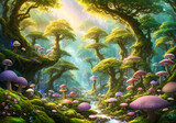Fototapeta Do akwarium - Enchanted fairy tale forest with large mushrooms, trees, rivers streams and rays of light between the canopies of leaves, Alice in Wonderland, illustration & digital painting, generative ai 