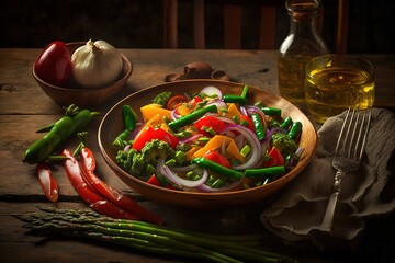 Wall Mural - Salad of asparagus onion bell pepper on a wooden table Generative AI