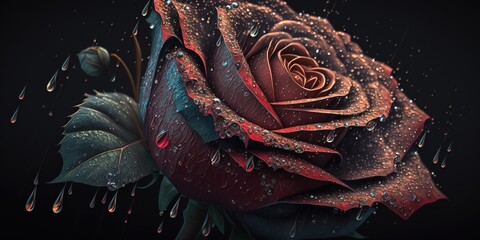 Wall Mural - red rose with dewdrops in dark colors generative ai