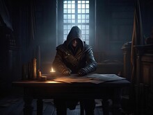 Fictional Mysterious Man Wearing Assassin's Suit Writing On The Table With Candle, Medieval Ages Scene. Generative Ai