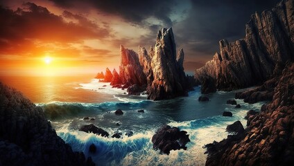 Wall Mural - Beautiful wallpaper featuring a seascape with cliffs at sunset Generative AI