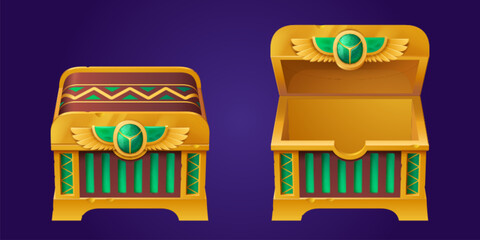 Wall Mural - Closed and open Egyptian treasure chest set isolated on background. Vector cartoon illustration of ancient golden safe box decorated with wings sign and green gem stone. Adventure game ui props