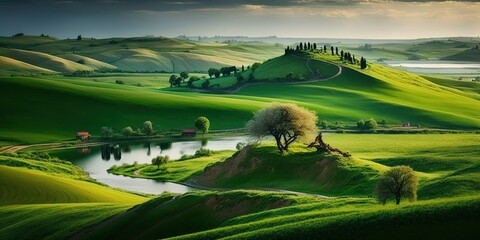 Wall Mural - Southern Moravian scene with rolling green hills and meadows with a lake, perfect for desktop backgrounds or wallpapers. Generative AI