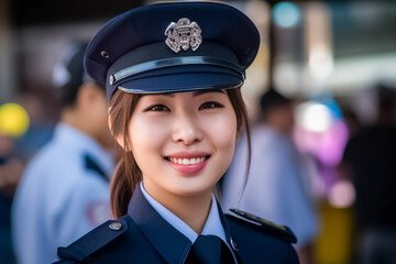 An Asian police woman dressed in her police uniform stands in a public area, and she has a smile on her face. generative AI