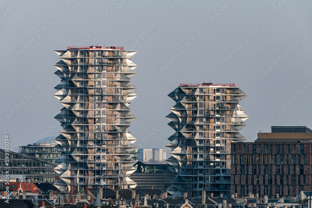Copenhagen, Denmark A skyline view towards the famous Cactus Towers  designed by the BIG architecture firm. Stock Photo | Adobe Stock