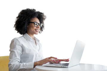 Sticker - Freelance programmer curly-haired woman in a white shirt student, uses a laptop workplace, transparent background, isolated.
