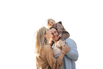 Young happy family dad and baby playing together, transparent background.