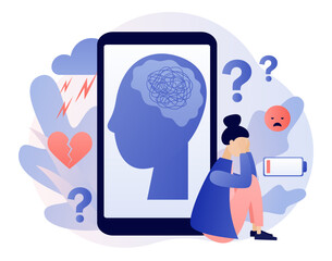 Depression mental. Depressed woman sitting near smartphone. Mental health and psychotherapy concept. Anxiety, stress, emotional burnout, other psychological problems. Modern flat cartoon style. Vector