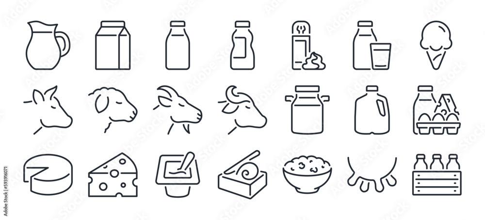 Dairy and milk products editable stroke outline icons set isolated on ...