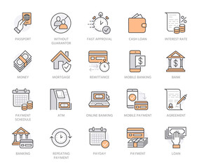 Finance, money loan flat line icons set. Quick credit approval, currency transaction, no commission, cash deposit atm vector illustrations. Thin signs for banking. Orange color. Editable Stroke