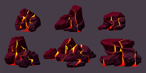 Wall Mural - volcano boulder texture with lava in cracks and broken stones. volcanic rocks with light effect in f