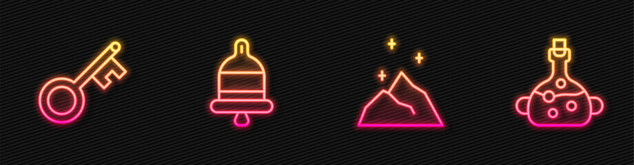 Wall Mural - Set line Magic powder, Old key, Ringing alarm bell and Poison bottle. Glowing neon icon. Vector