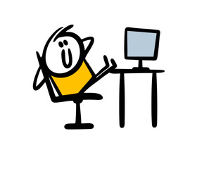 a cheerful stickman is sitting with his feet on the table and idling watching a movie on the compute