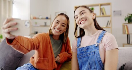 Poster - Selfie, happy and women or friends on sofa for social media update, influencer post or digital memory with emoji face. Young, gen z people in profile picture or photography online and peace hand sign