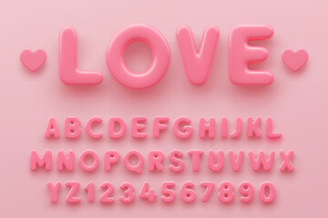 3D Pink alphabet with numbers with a glossy surface on a pink background .