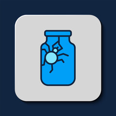 Poster - Filled outline Spider in jar icon isolated on blue background. Happy Halloween party. Vector