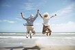Senior couple jump for joy at beach vacation. Generative AI.